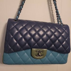 Chanel Tricolor Classic Double Flap bag Quilted Lambskin Jumbo Authentic